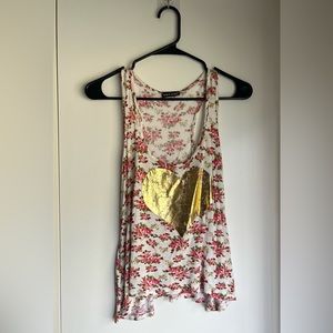 Wet Seal Y2K Flowy Floral Swing Tank Gold Foil Heart